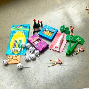 Assorted Birthday Cake Decorations basketball baseball castle candles etc